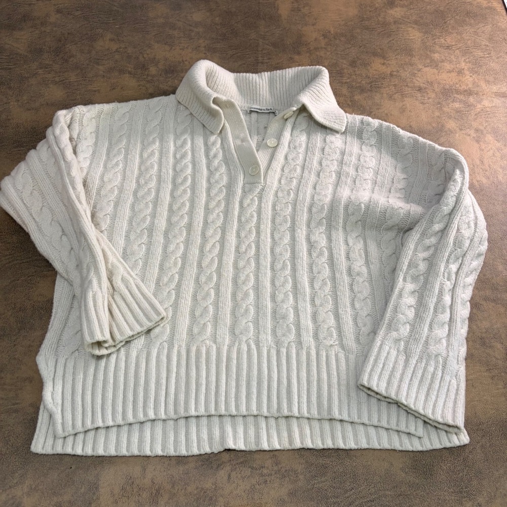 Abercrombie & Fitch Cable Knit Sweater Womens M Cream Polo‎ Collar Long Sleeve
